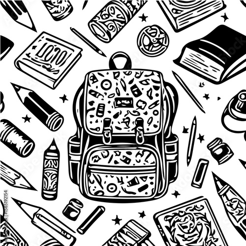 Back to school items pattern, books, pencils, backpacks, black and white background  vector 