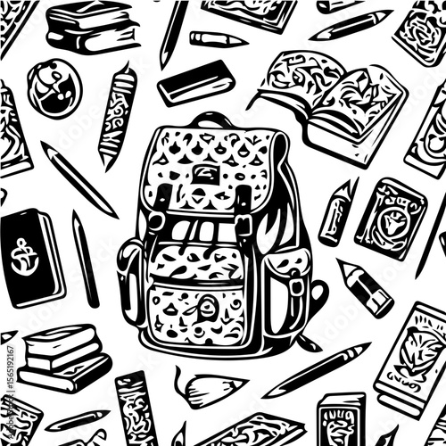 Back to school items pattern, books, pencils, backpacks, black and white background  vector 