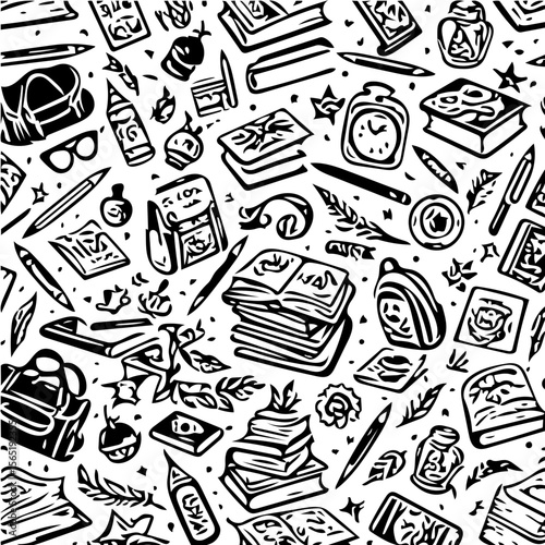 Back to school items pattern, books, pencils, backpacks, black and white background  vector 