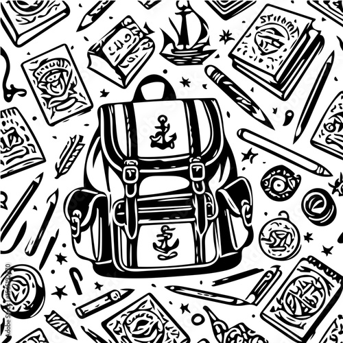 Back to school items pattern, books, pencils, backpacks, black and white background  vector 