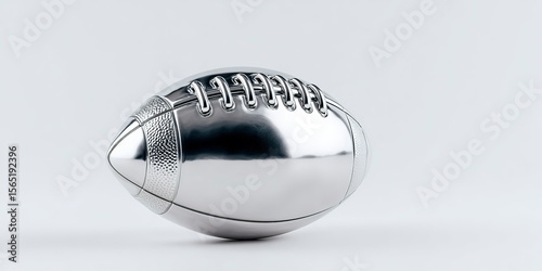Stright on photo of a light grey low contrast chrome american football sculpture on a plain white backgrounds 