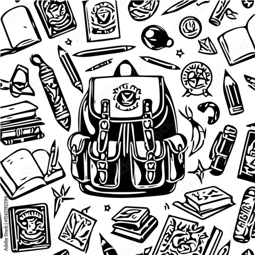Back to school items pattern, books, pencils, backpacks, black and white background  vector 