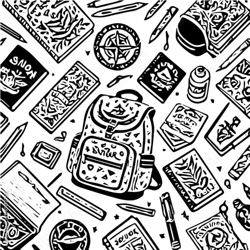 Back to school items pattern, books, pencils, backpacks, black and white background  vector 