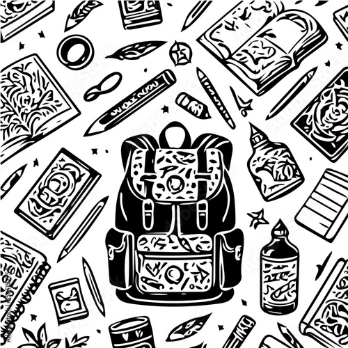 Back to school items pattern, books, pencils, backpacks, black and white background  vector 