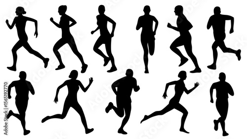 Silhouettes of various people running in different dynamic poses. Black vector shapes isolated on white background. Ideal for fitness, sports, motion graphics, and active lifestyle designs.