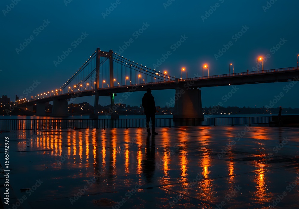 Fototapeta premium A person stands near a bridge at night