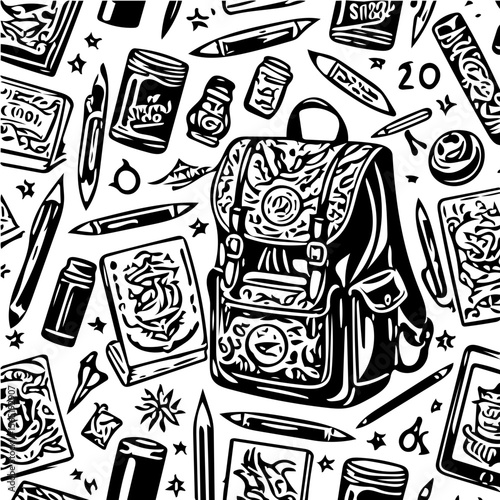 Back to school items pattern, books, pencils, backpacks, black and white background  vector 