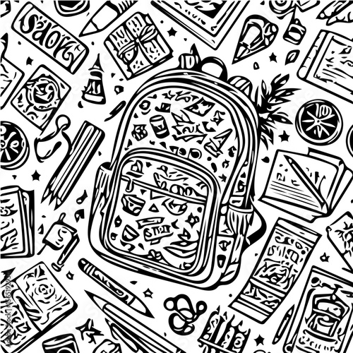 Back to school items pattern, books, pencils, backpacks, black and white background  vector 