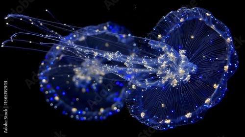 Glowing bioluminescent art creations emit light and are displayed on a solid color background with installations