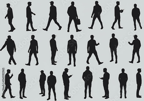 Silhouettes of people walking isolated on white background