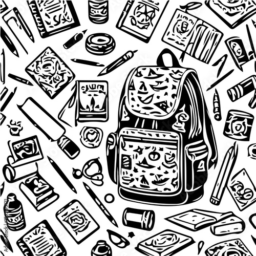 Back to school items pattern, books, pencils, backpacks, black and white background  vector 