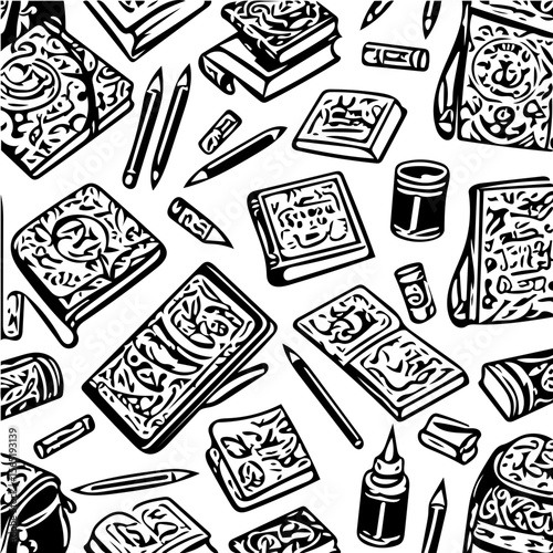 Back to school items pattern, books, pencils, backpacks, black and white background  vector 