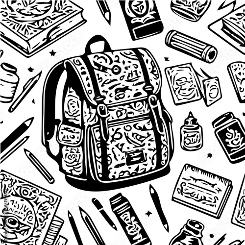 Back to school items pattern, books, pencils, backpacks, black and white background  vector 
