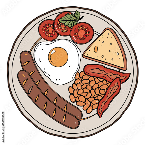 Vector illustration of a full English breakfast plate featuring bacon eggs sausage beans tomatoes mushrooms and toast alongside a dog illustration element perfect for culinary
