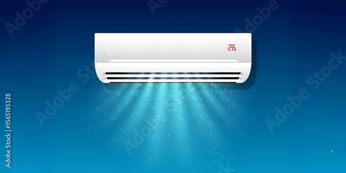 White wall-mounted air conditioner emits cool blue air, set to 26°C. A sleek design against a blue gradient, symbolizing comfort and freshness.