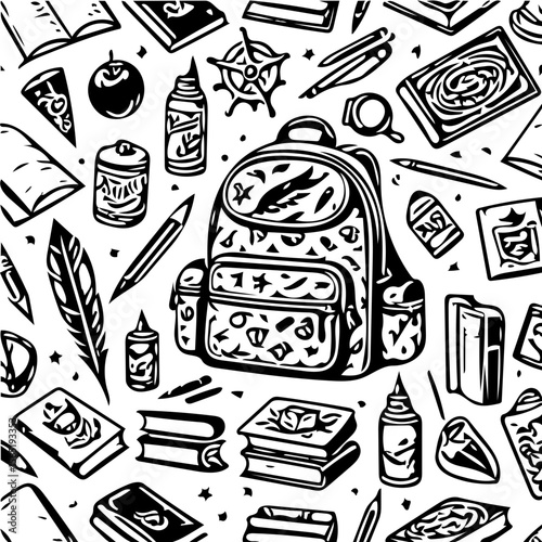 Back to school items pattern, books, pencils, backpacks, black and white background  vector 