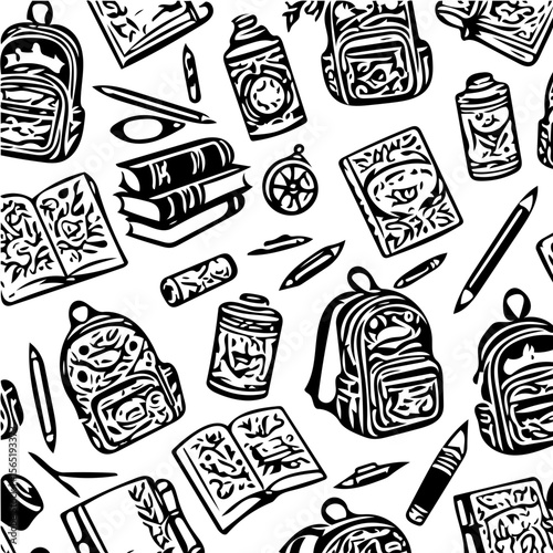 Back to school items pattern, books, pencils, backpacks, black and white background  vector 