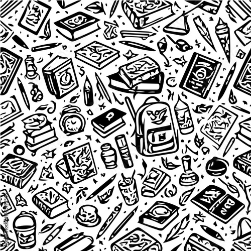 Back to school items pattern, books, pencils, backpacks, black and white background  vector 