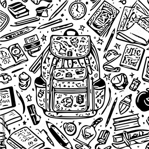 Back to school items pattern, books, pencils, backpacks, black and white background  vector 