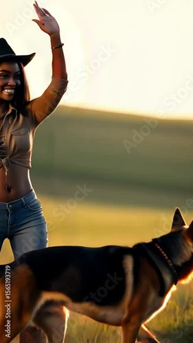 Smiling young woman with a dog waving her hand outdoors on a sunny day. Friendly gesture, rural setting, natural light, cheerful mood, human-animal bond.1