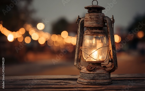 Rustic wooden lantern glowing warmly on weathered planks with blurred bokeh lights