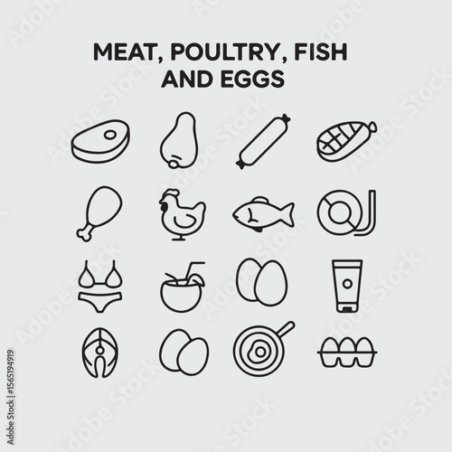 Meat, poultry, fish and eggs - minimal thin line web icon set. Outline icons collection