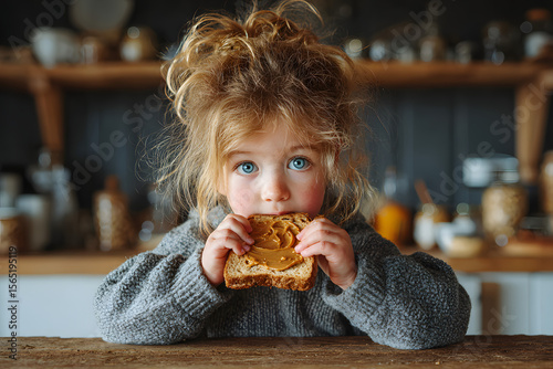 young child eating slice of peanut butter on toast for breakfast, allergen exposure theme