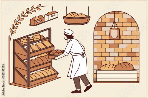 Artisan baker restocking bread loaves inside rustic brick bakery interior