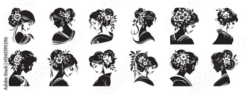 Elegant female silhouettes adorned with floral hairstyles and jewelry woman profile