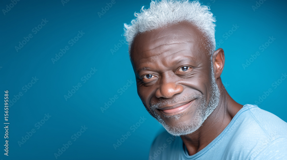 Obraz premium Older man smiles warmly, showcasing his silver hair and beard. He wears a light blue shirt. The vibrant blue backdrop enhances the friendly and inviting atmosphere of the moment