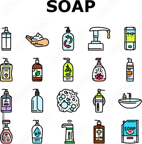 liquid soap cleanser hygiene icons set vector