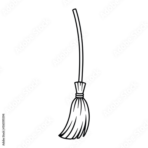 Classic Straw Broomstick Line Art Vector with Curved Handle