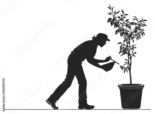 Gardener Silhouette Vector – Woman Feeding or Fertilizing Potted Tree Plant for Gardening and Nature Projects
