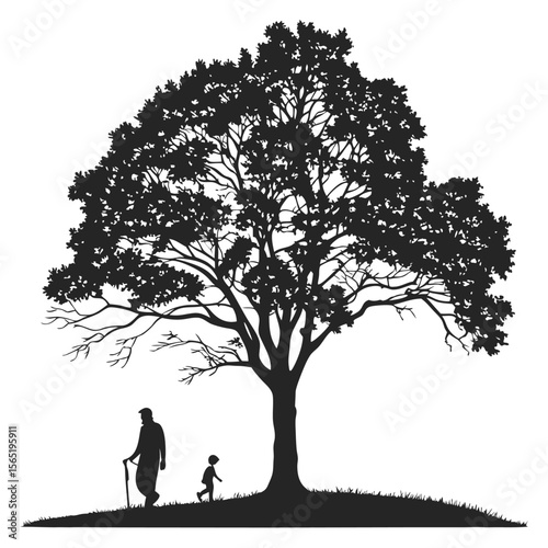 Old Man and Child Walking Under Tree – Generations, Life Cycle, Family Bond Silhouette Vector Illustration
