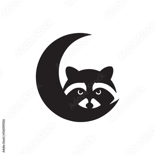 A black and white logo of a raccoon face nestled within a crescent moon shape design