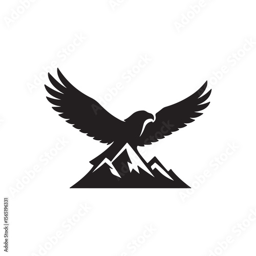 A black silhouette of an eagle with wings spread above a mountain range graphic art