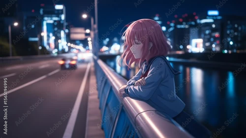 Pink-haired girl leaning on bridge at night city road with car lights. Seamless looping 4k animation video background
