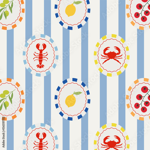 Vintage Mediterranean seamless pattern with crabs, lemon, tomatoes, olives and lobsters in circular frames on Stripes. Coastal summer marine print for fabric, wrapping paper, and beach decor.