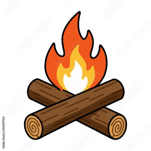 Fire burning inside a wooden box with bright flames and heat in vector style
