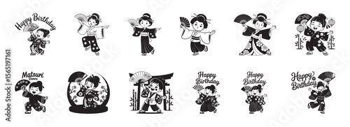 Japanese children celebrating with fans and traditional clothing celebration