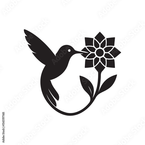 Silhouette of a hummingbird drinking nectar from a stylized flower on a white background