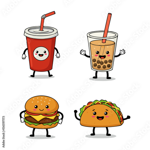 Funny Cartoon food and drink Characters Set Illustration