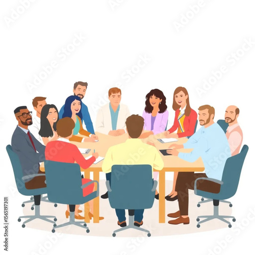A large team of twelve employees are sitting at a conference table, engaged in discussion. The group includes men and women of different ages and backgrounds.