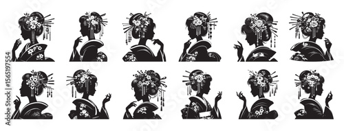 Japanese geisha silhouettes adorned with flowers and hair ornaments woman kimono