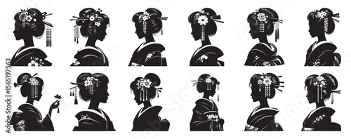 Japanese geisha silhouettes with floral hair ornaments woman kimono