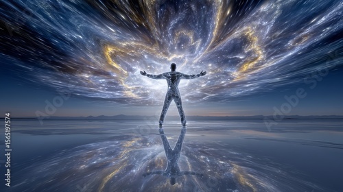 Someone, struck by the beauty, extends their arm towards a glorious display of bioluminescent light, fascinated by the shimmering colors and intricate details of the organic sculpture