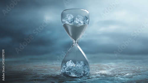 A clear hourglass filled with melting ice cubes symbolizes the passage of time and the transient nature of moments.
