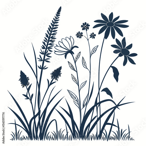 Dark Blue Floral Silhouette Vector Set Isolated White Background