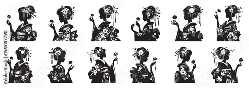 Japanese woman in kimono holding flower silhouette vector
