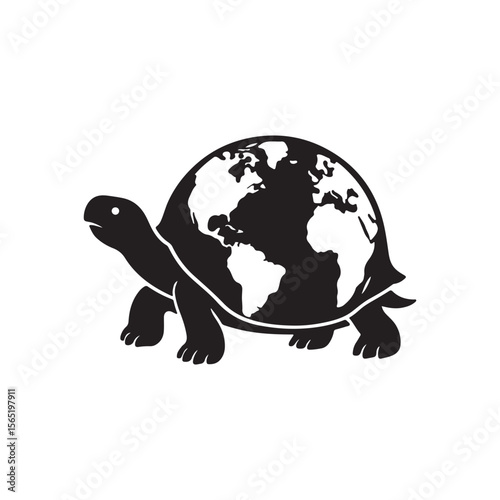 Black and white graphic of a turtle with a world map on its shell design art